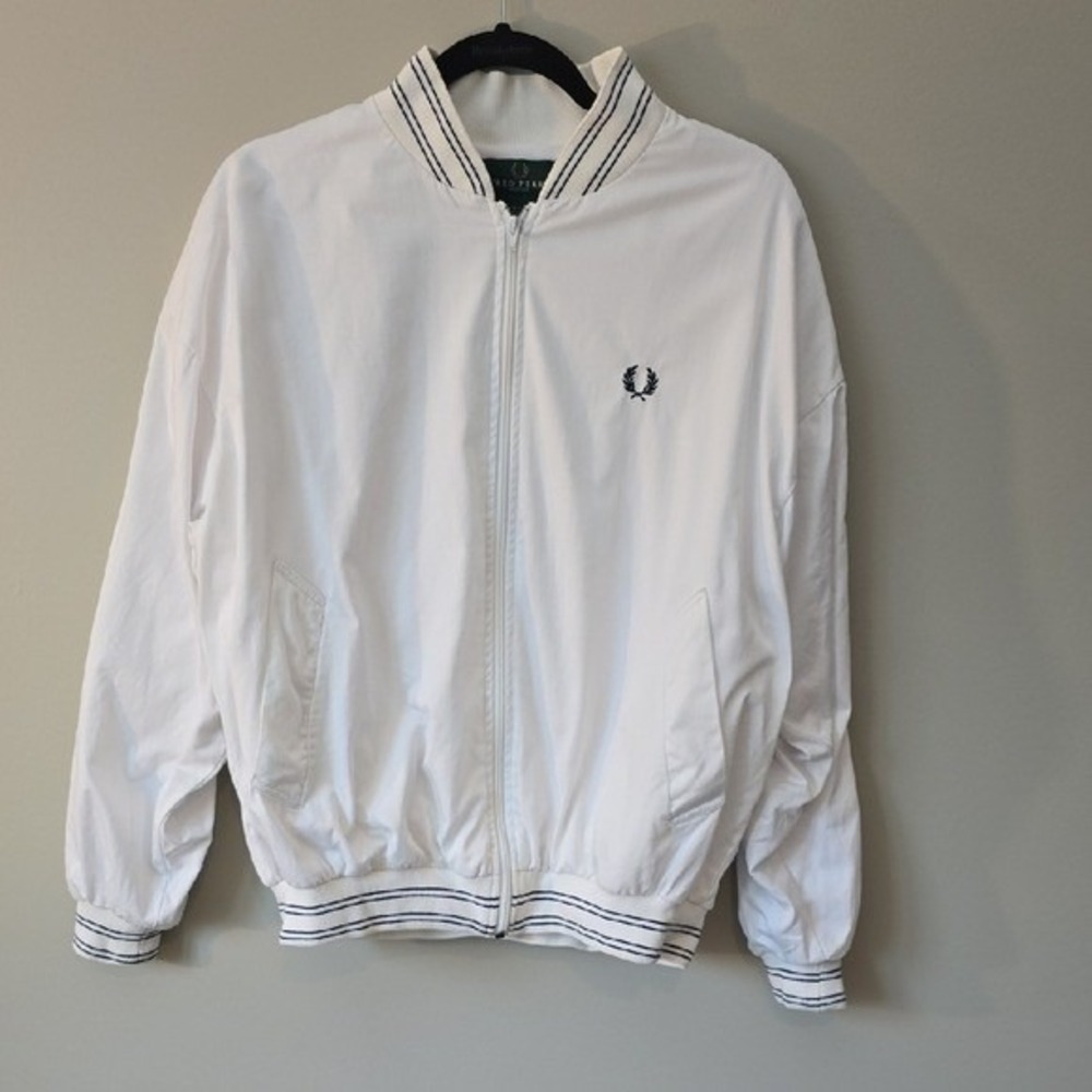 Fred Perry Vintage White Cotton Bomber Jacket Tipped Zip Up Windbreaker Medium
